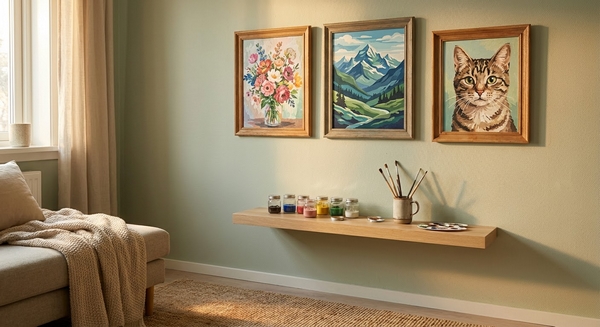 Trois tableaux de peinture par numéros encadrés accrochés au mur d'un salon cosy